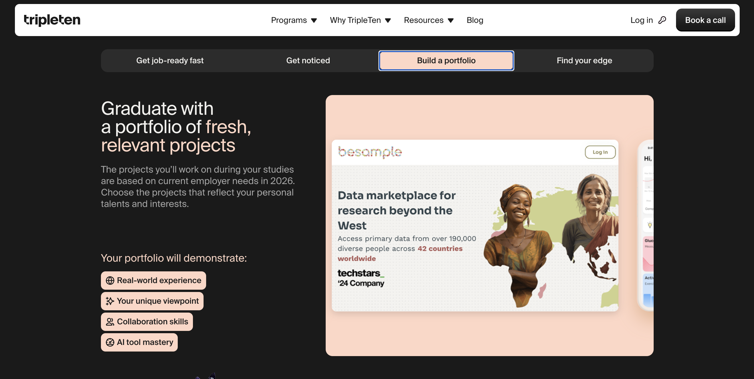 Updated TripleTen landing page — externship USP front and center, with portfolio of real partner-company projects as the proof