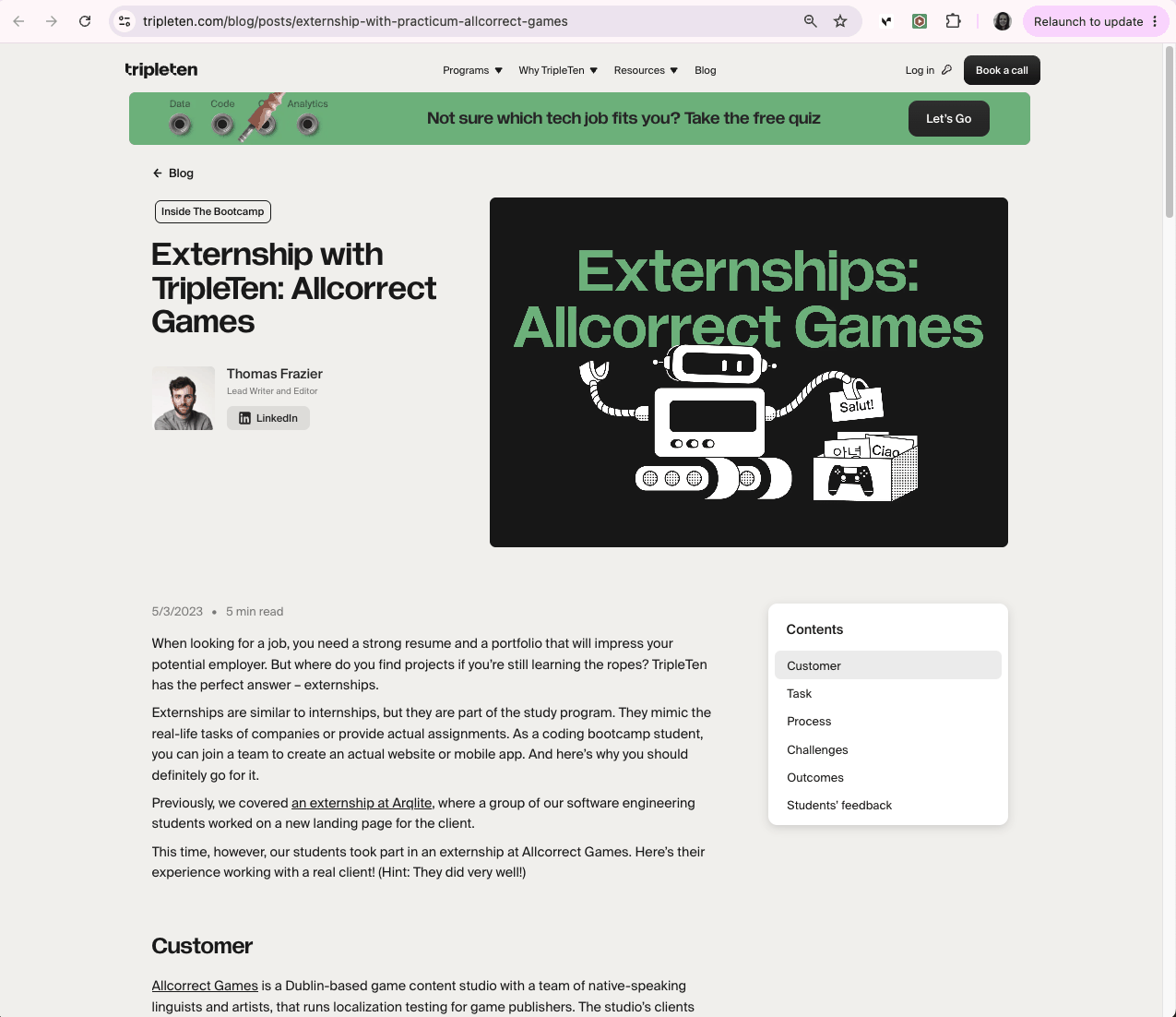 TripleTen blog: Externship with TripleTen, Allcorrect Games
