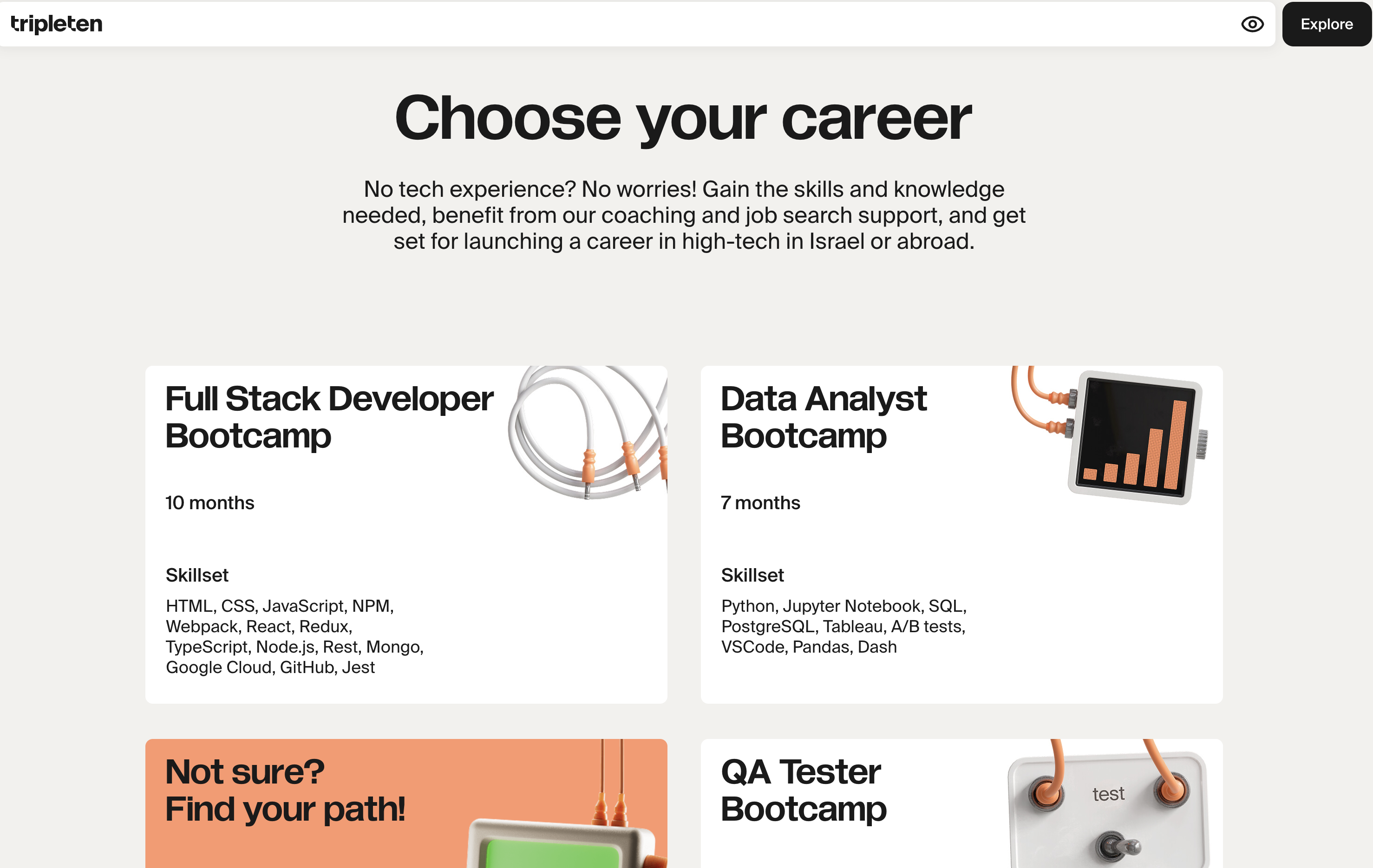Old TripleTen bootcamp landing page — generic 'Choose your career' hero, four bootcamp tracks, no differentiated outcome promise