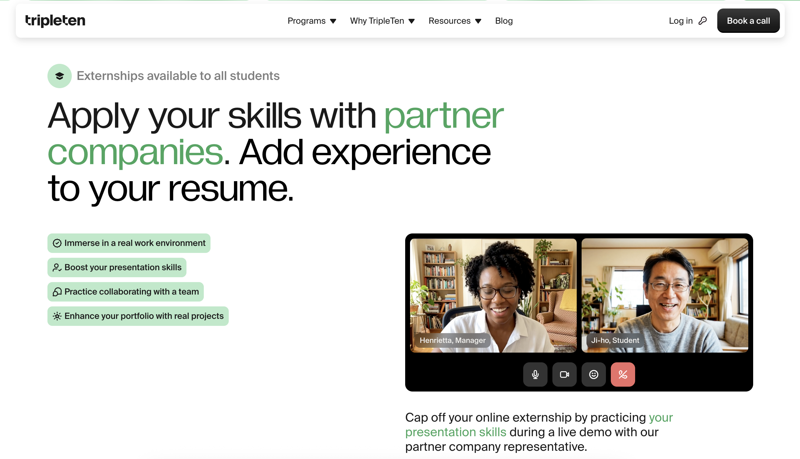 TripleTen externship program page — 'Apply your skills with partner companies. Add experience to your resume.'