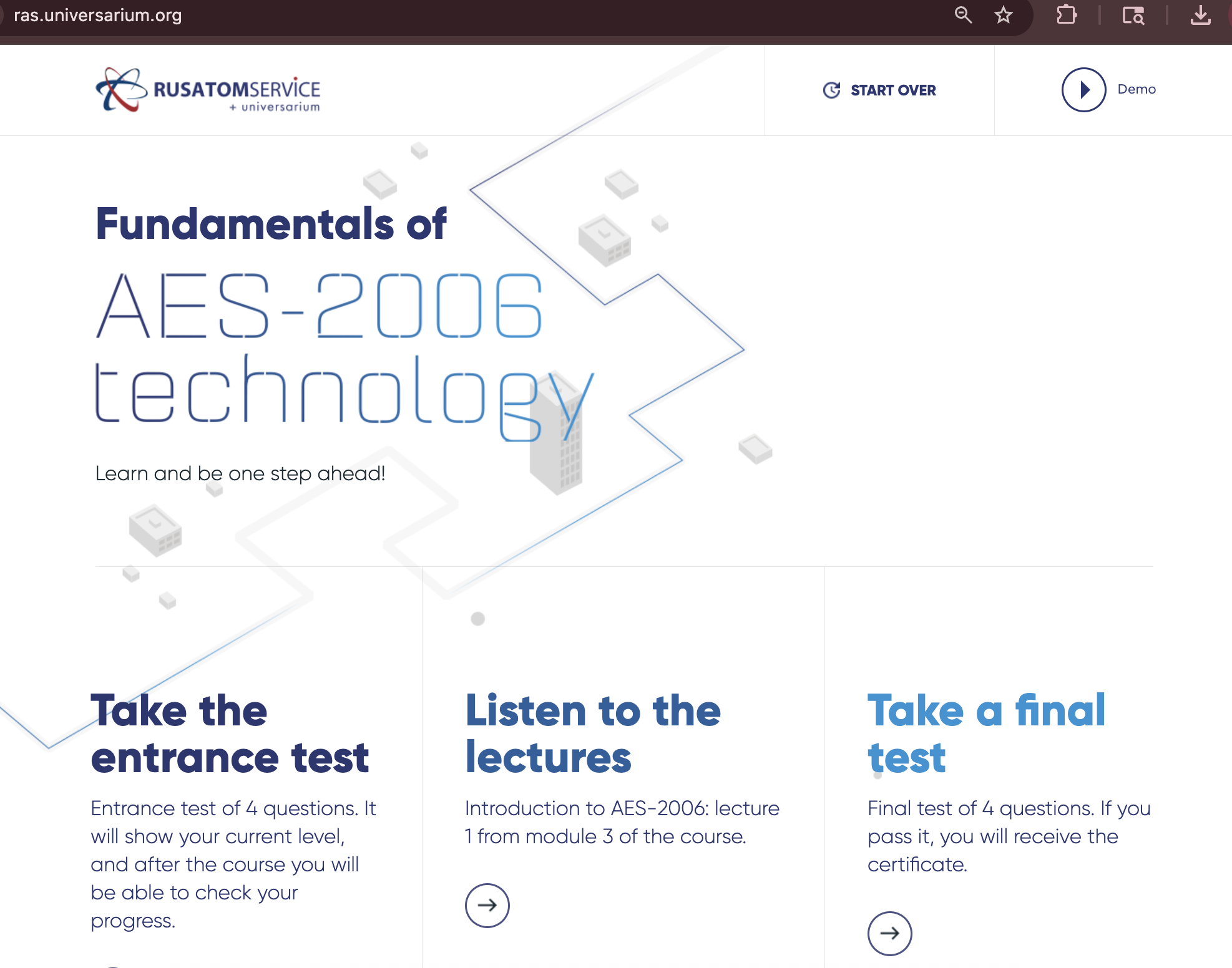 LMS demo — Fundamentals of AES-2006 technology, with entrance test, lecture, and final test modules, co-branded RUSATOMSERVICE × Universarium