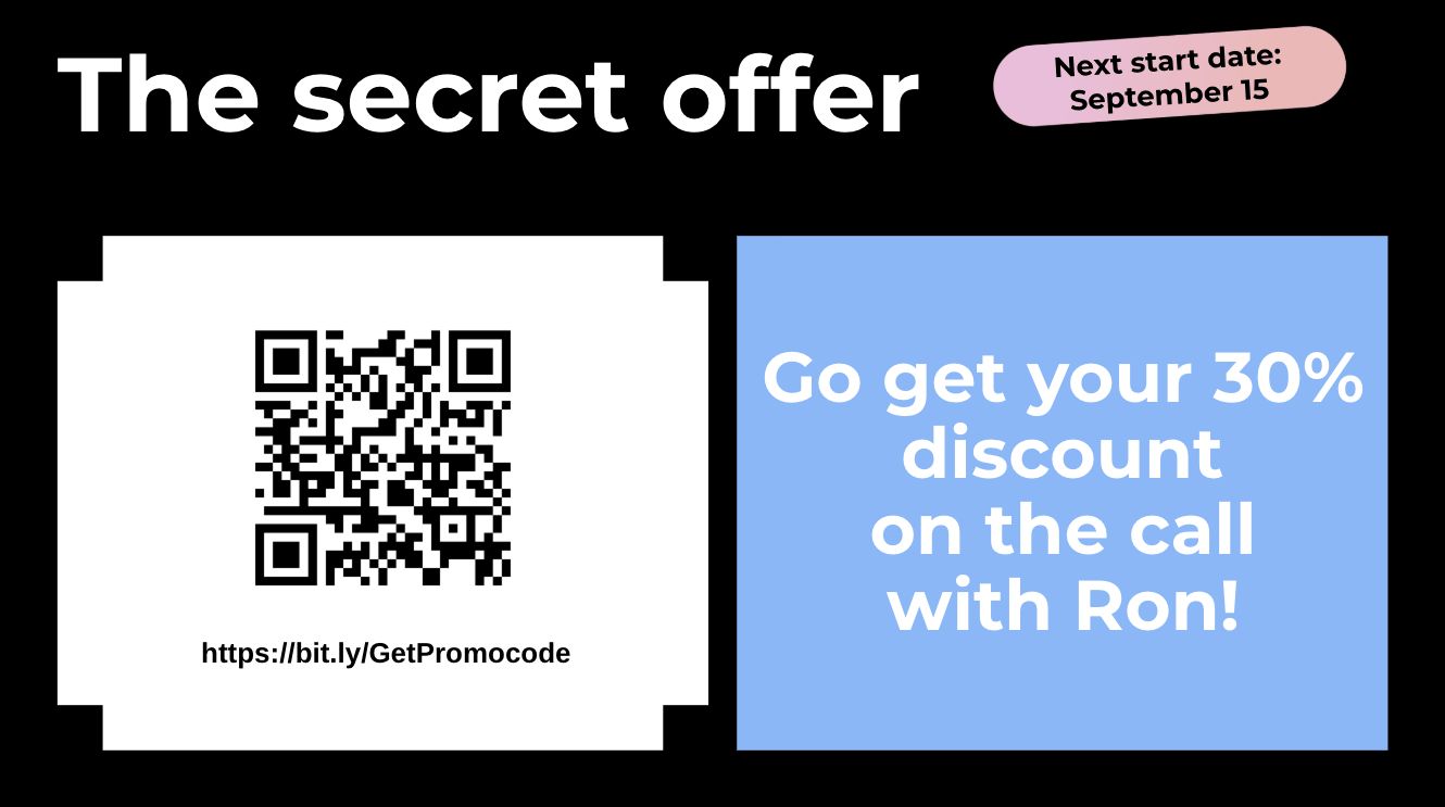 Closing slide: the secret offer, 30% discount on the call with Ron, with QR code