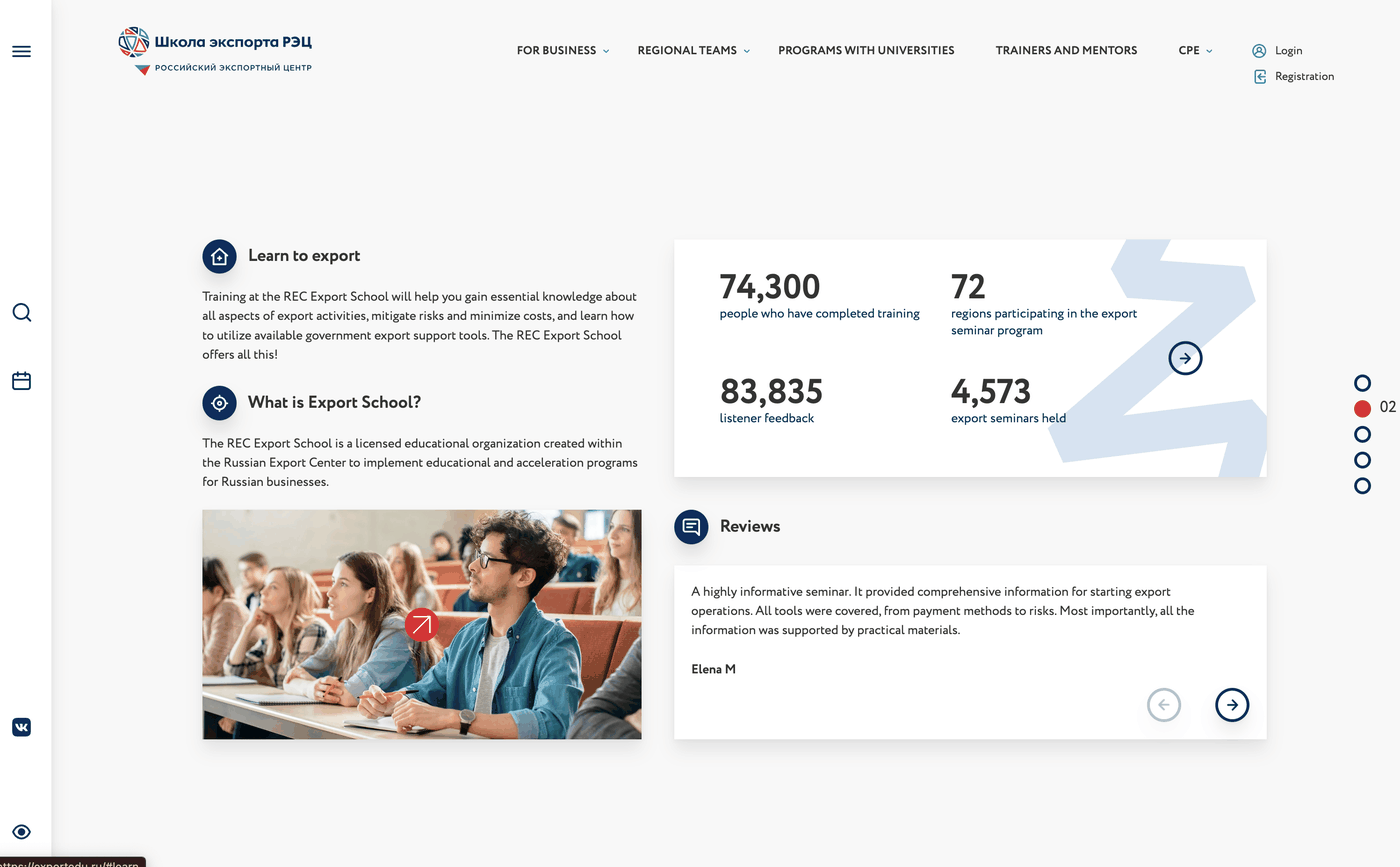 REC Export School platform in production, showing training and seminar metrics