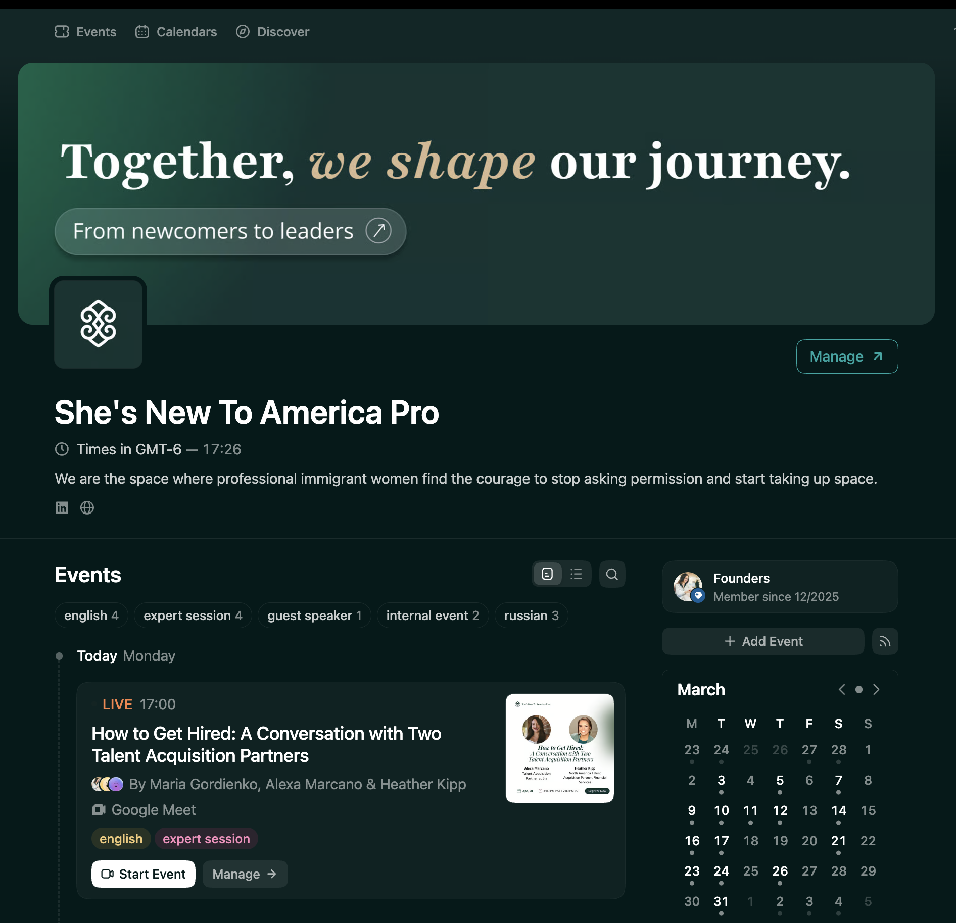 She's New To America Pro Luma events calendar